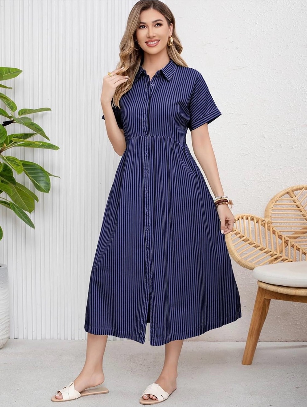 Women's Navy Stripe Button-Front Midi Shirt Dress